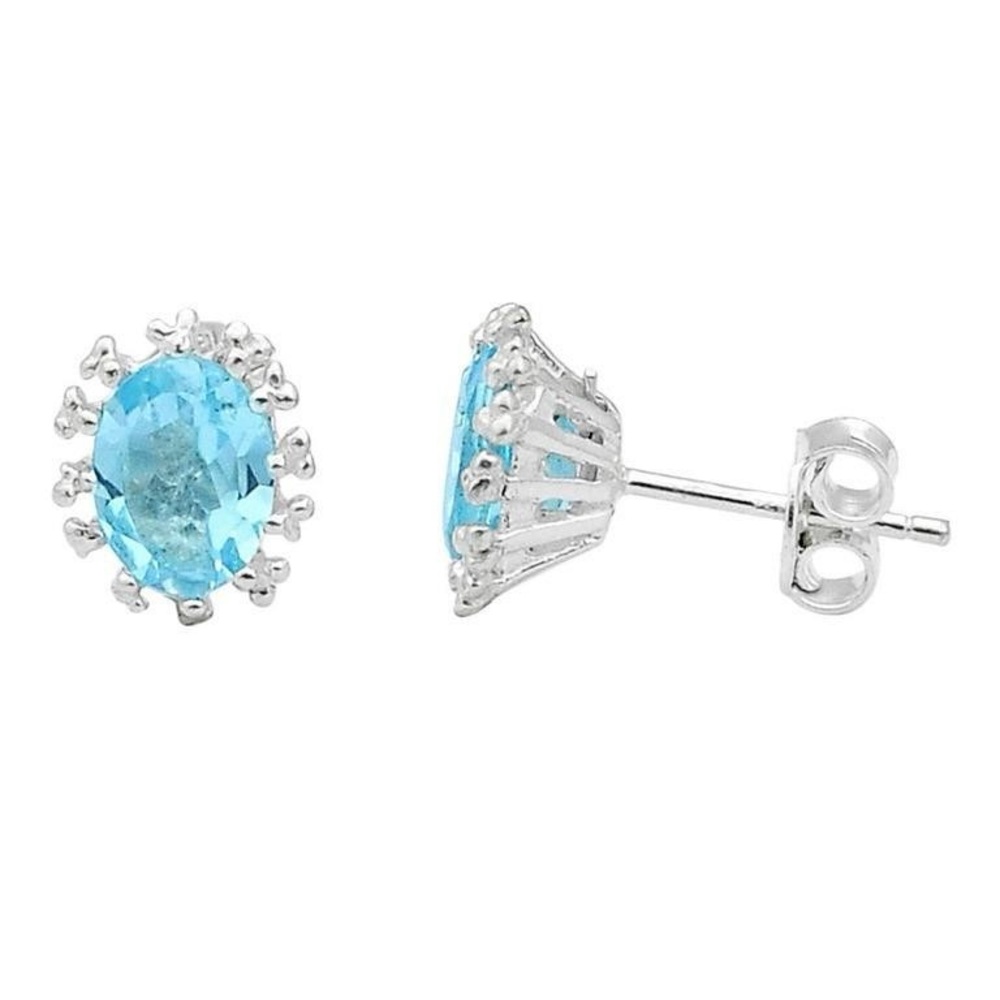 Natural 3.72ct Oval Blue Topaz Flower Earrings